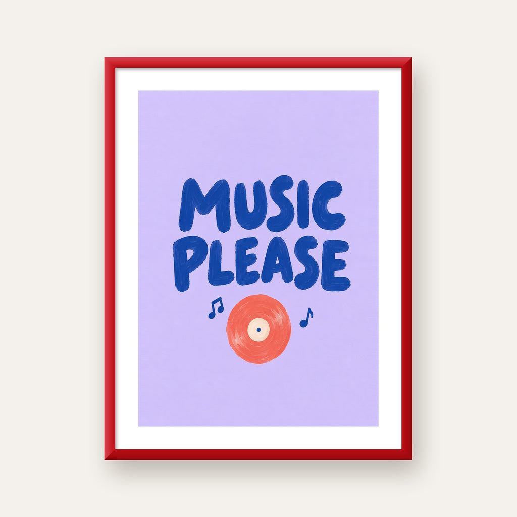 Müzik Temalı Tipografik Poster – MUSIC PLEASE El Boyaması — kırmızı çerçeveli paspartulu
