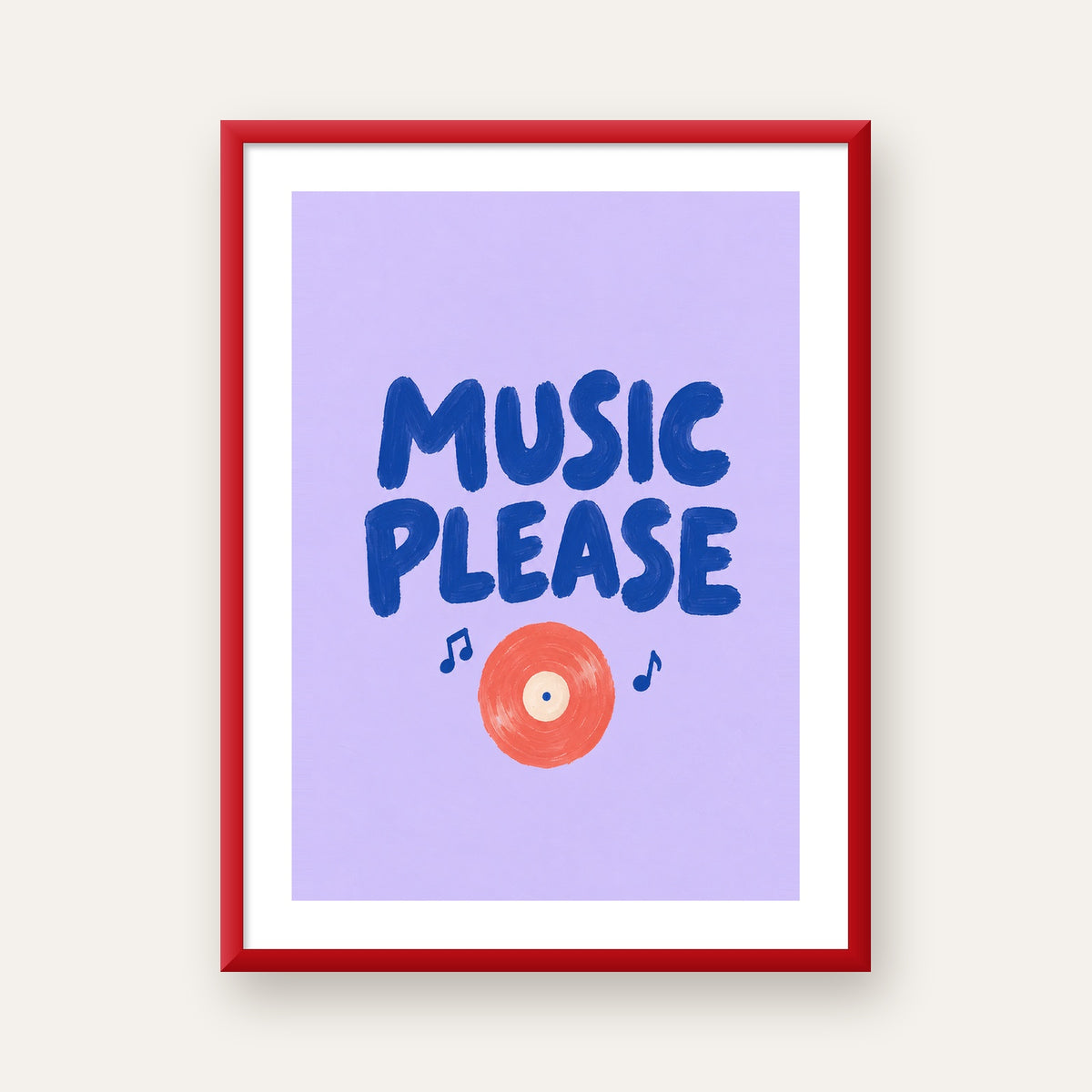 Müzik Temalı Tipografik Poster – MUSIC PLEASE El Boyaması — kırmızı çerçeveli paspartulu