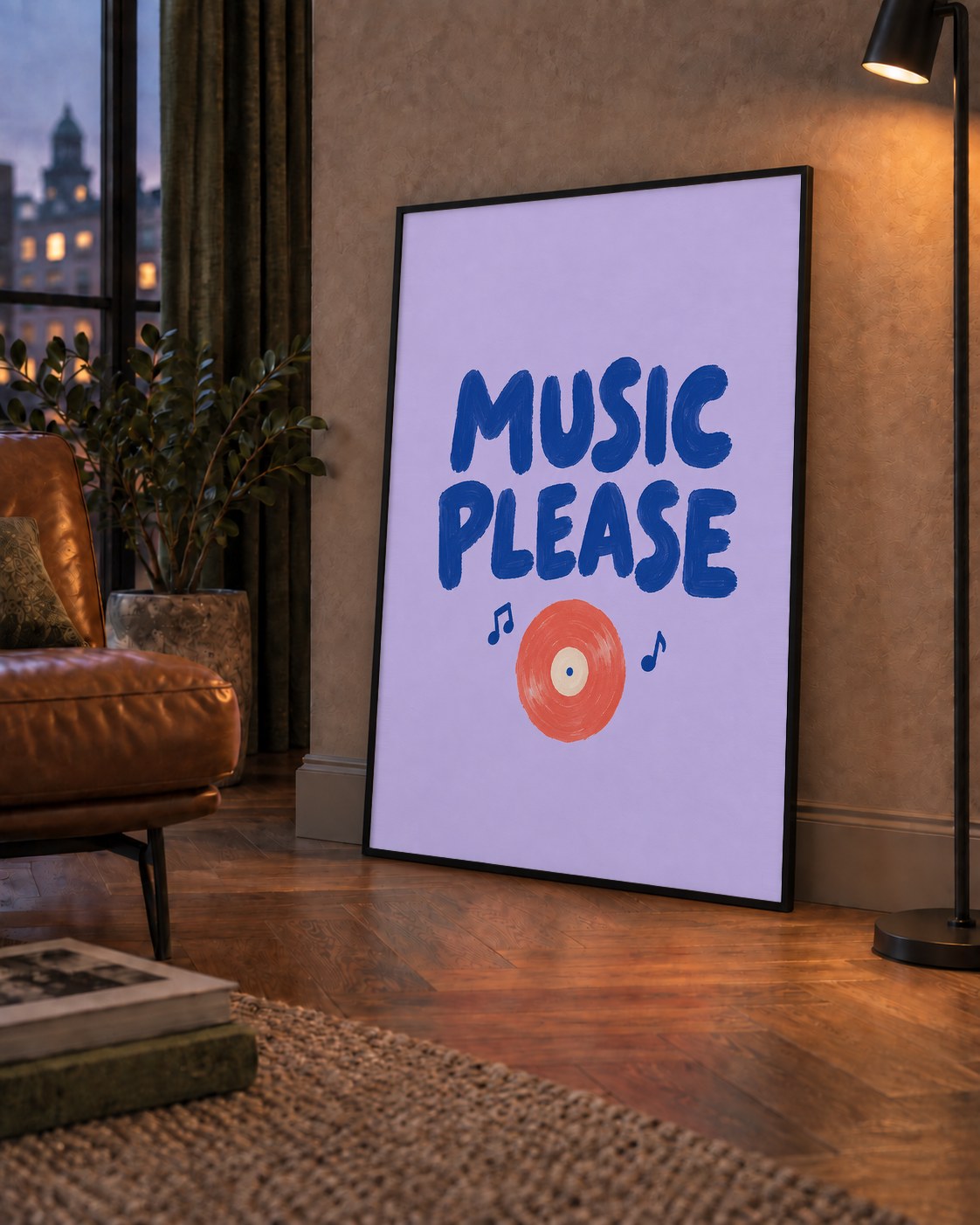 Müzik Temalı Tipografik Poster – MUSIC PLEASE El Boyaması — çerçeveli hâliyle bir ev duvarında