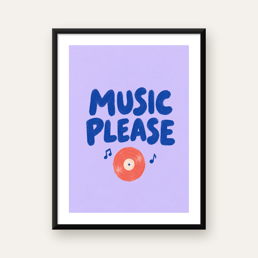 Müzik Temalı Tipografi Poster – Music Please Renkli Tasarım — Dikey baskı, beyaz kenar boşluklu
