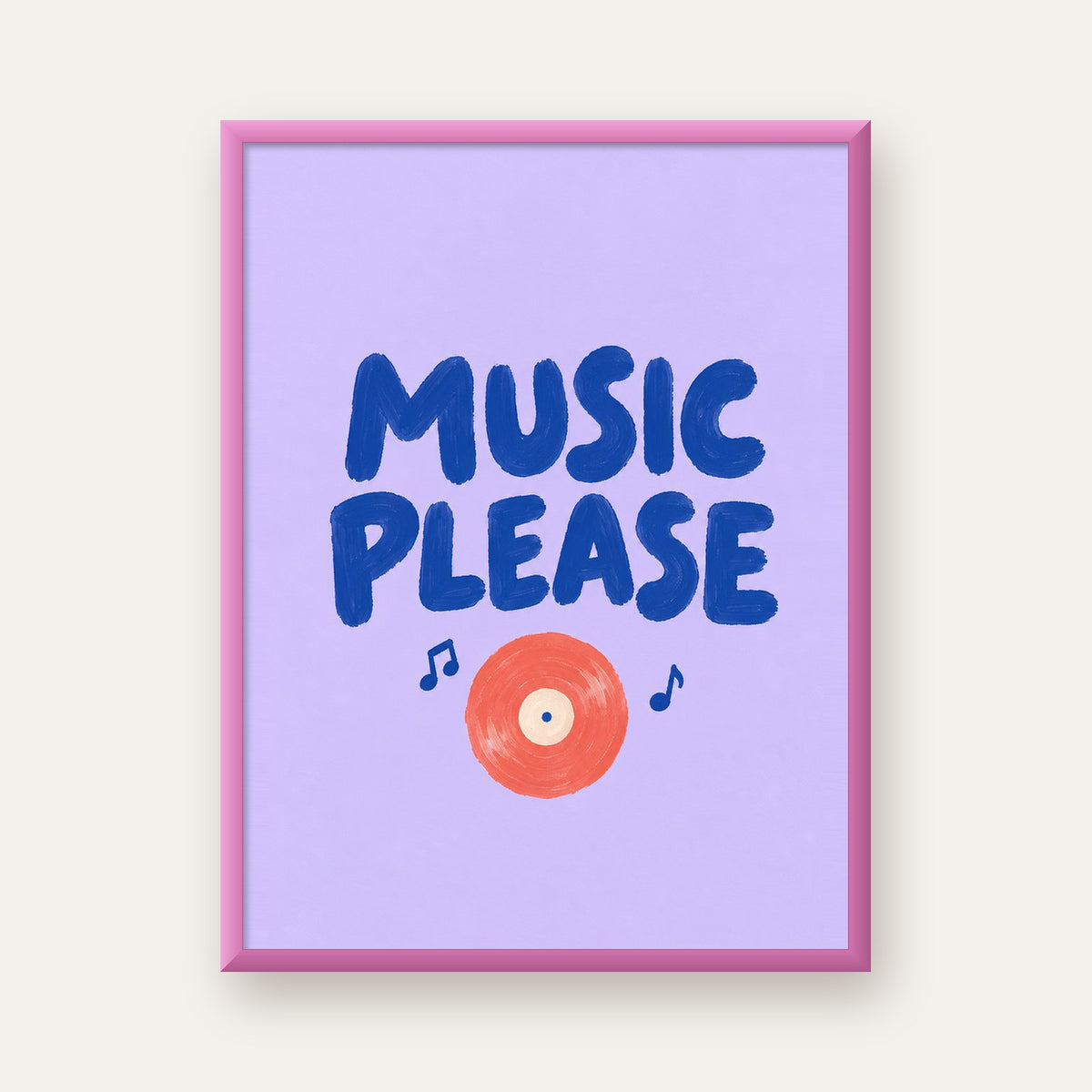 Müzik Temalı Tipografik Poster – MUSIC PLEASE El Boyaması — pembe çerçeveli