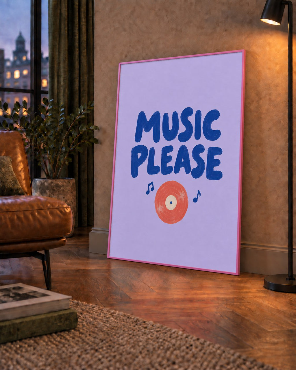 Müzik Temalı Tipografik Poster – MUSIC PLEASE El Boyaması — çerçeveli hâliyle bir ev duvarında