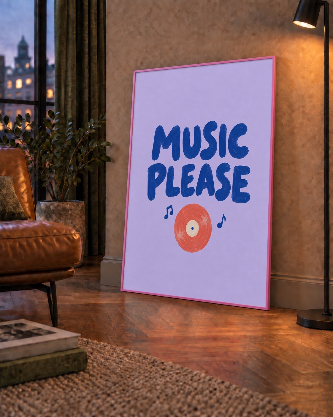 Müzik Temalı Tipografik Poster – MUSIC PLEASE El Boyaması — çerçeveli hâliyle bir ev duvarında