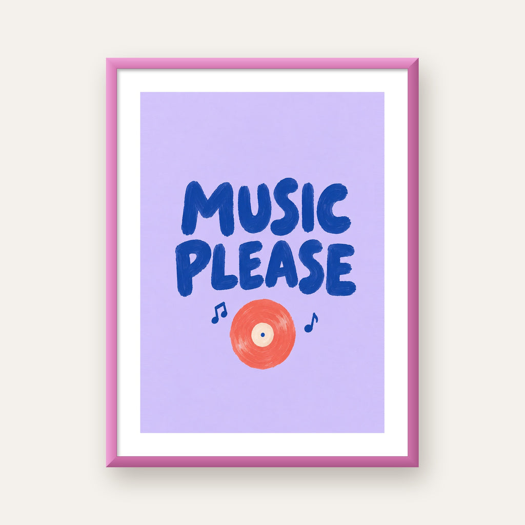 Müzik Temalı Tipografik Poster – MUSIC PLEASE El Boyaması — pembe çerçeveli paspartulu