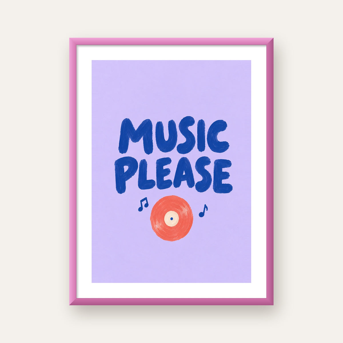 Müzik Temalı Tipografik Poster – MUSIC PLEASE El Boyaması — pembe çerçeveli paspartulu