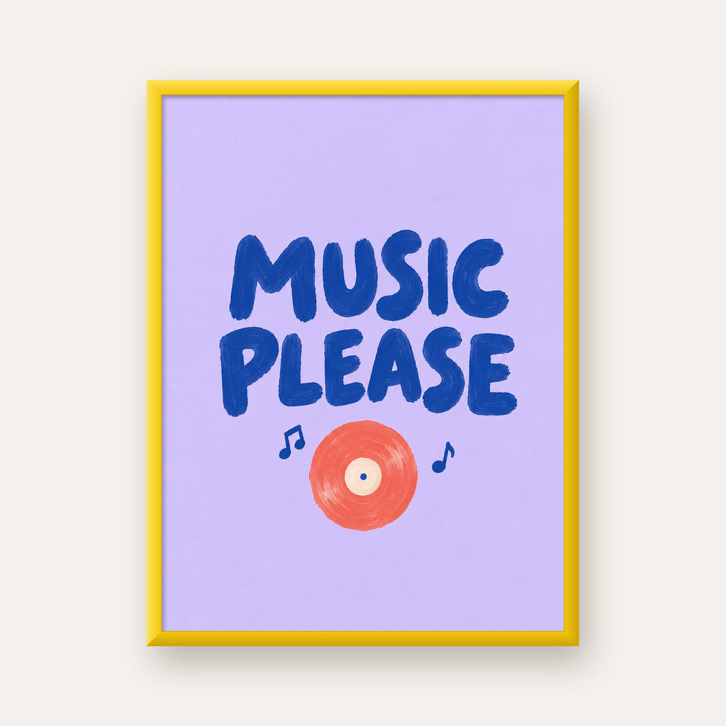 Müzik Temalı Tipografik Poster – MUSIC PLEASE El Boyaması — sarı çerçeveli