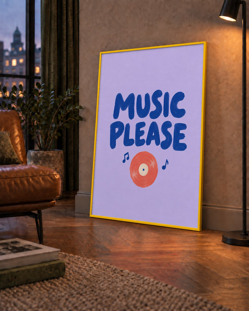 Müzik Temalı Tipografik Poster – MUSIC PLEASE El Boyaması — çerçeveli hâliyle bir ev duvarında