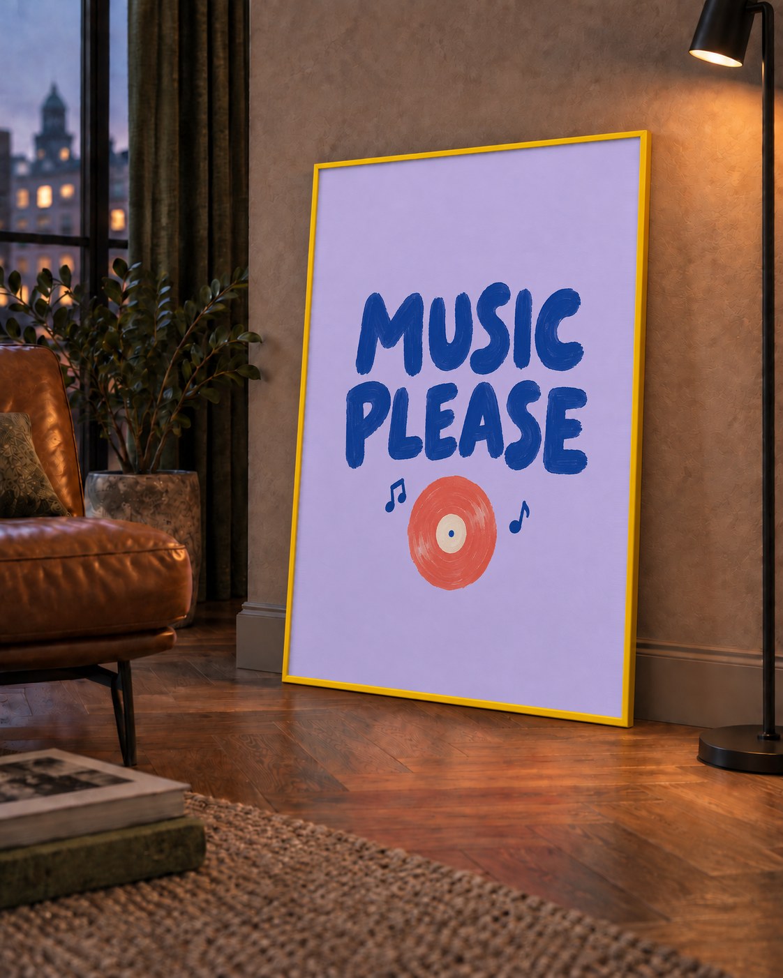 Müzik Temalı Tipografik Poster – MUSIC PLEASE El Boyaması — çerçeveli hâliyle bir ev duvarında