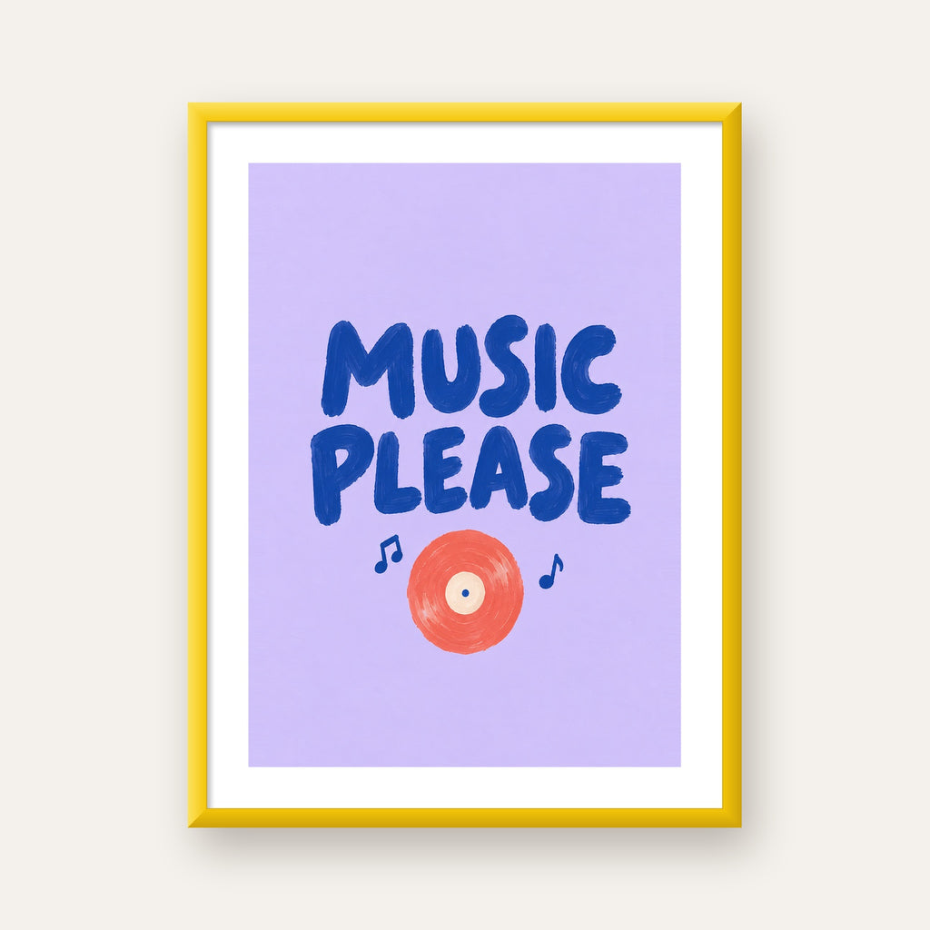 Müzik Temalı Tipografik Poster – MUSIC PLEASE El Boyaması — sarı çerçeveli paspartulu