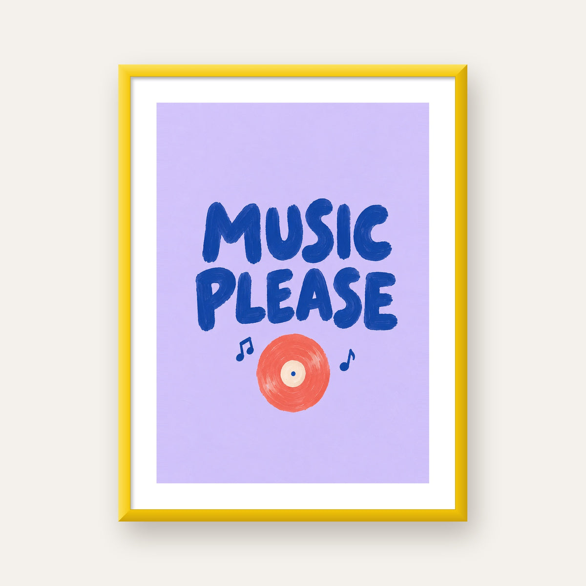 Müzik Temalı Tipografik Poster – MUSIC PLEASE El Boyaması — sarı çerçeveli paspartulu