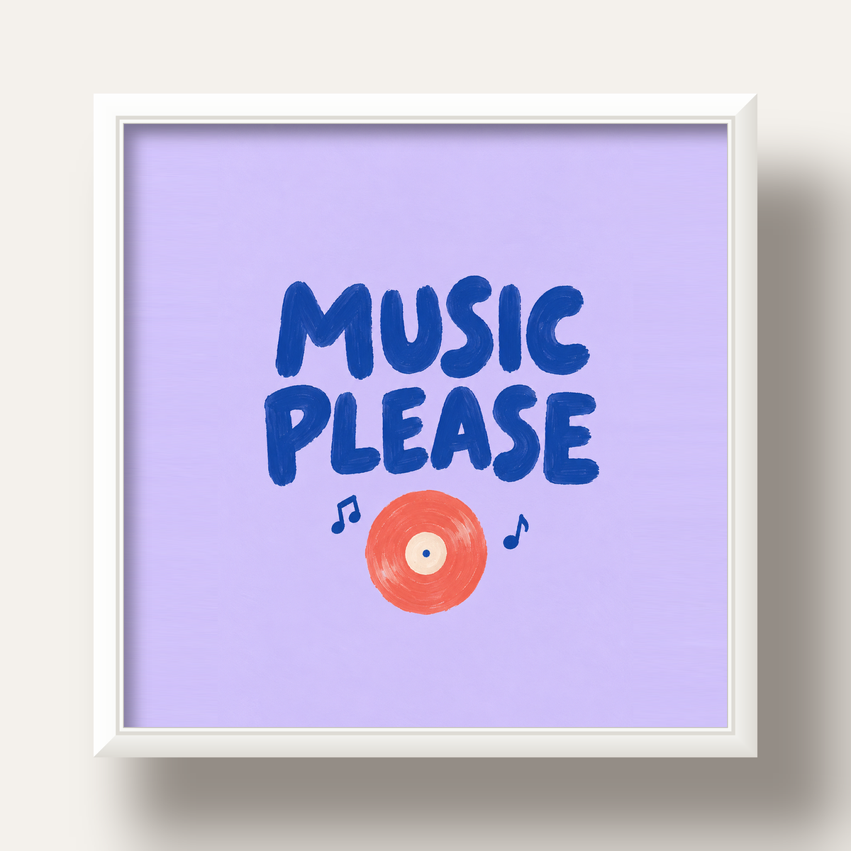 Müzik Temalı Tipografik Poster – MUSIC PLEASE El Boyaması — beyaz derin çerçeveli