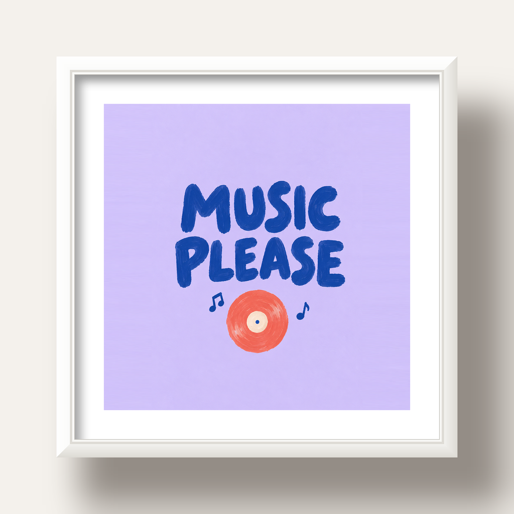 Müzik Temalı Tipografik Poster – MUSIC PLEASE El Boyaması — beyaz derin çerçeveli paspartulu