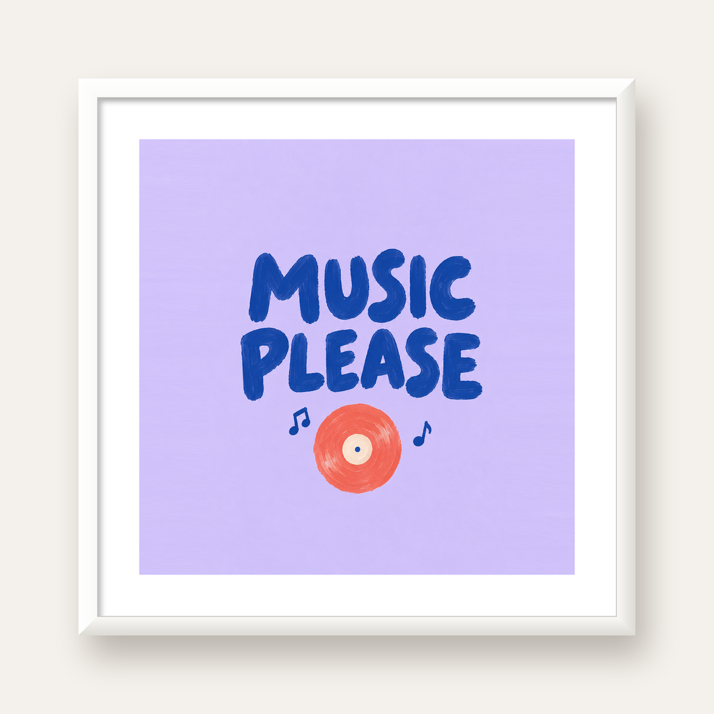 Müzik Temalı Tipografik Poster – MUSIC PLEASE El Boyaması — beyaz çerçeveli kare poster