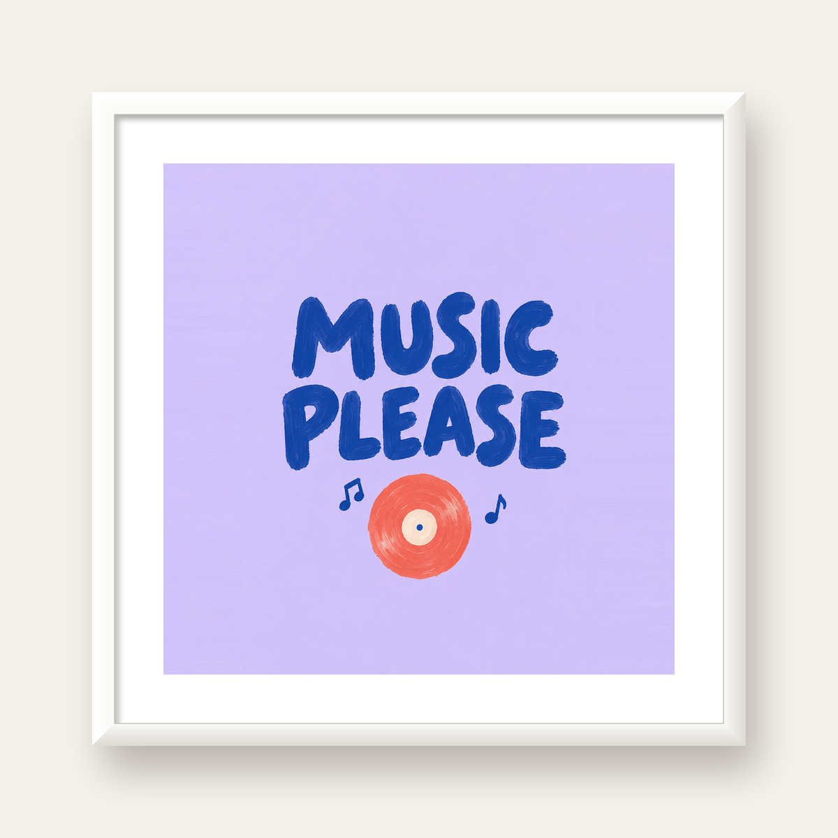 Müzik Temalı Tipografik Poster – MUSIC PLEASE El Boyaması — beyaz çerçeveli kare poster