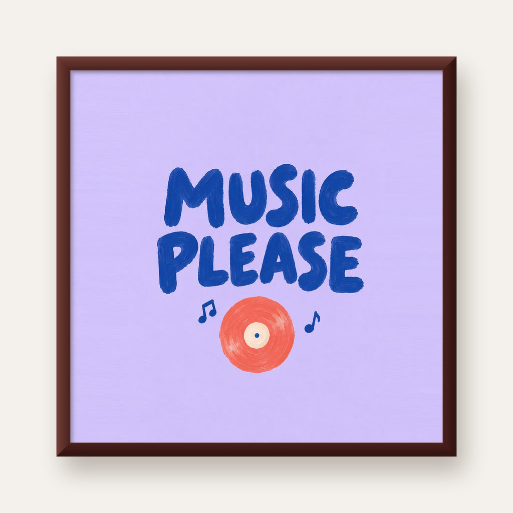Müzik Temalı Tipografik Poster – MUSIC PLEASE El Boyaması — ceviz çerçeveli