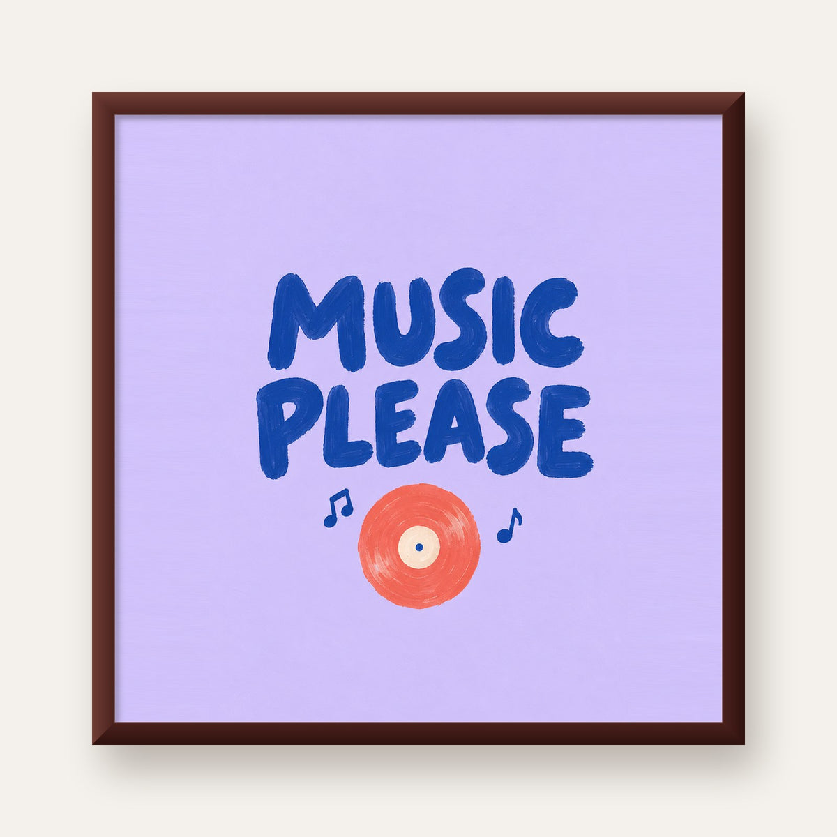 Müzik Temalı Tipografik Poster – MUSIC PLEASE El Boyaması — ceviz çerçeveli