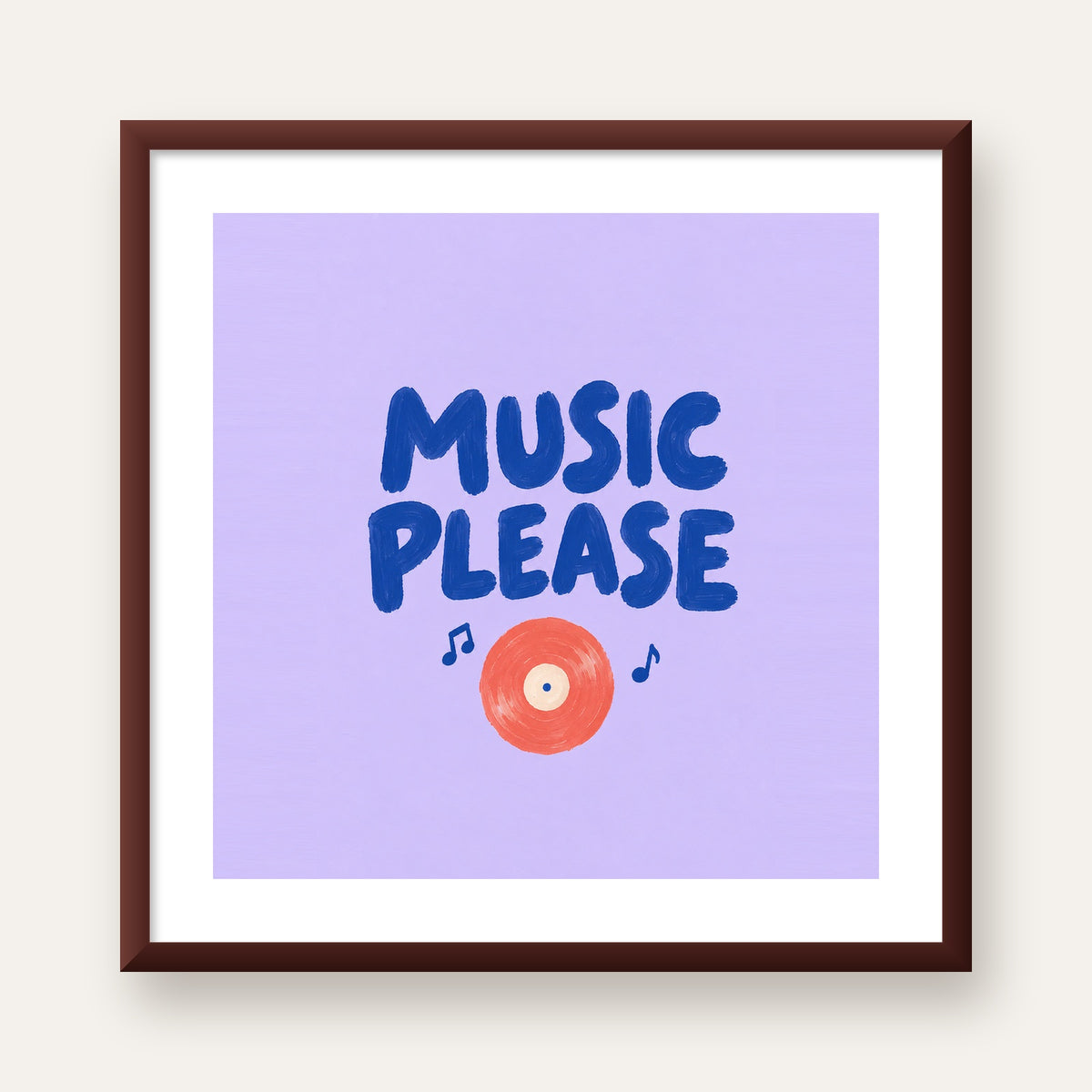 Müzik Temalı Tipografik Poster – MUSIC PLEASE El Boyaması — ceviz çerçeveli paspartulu