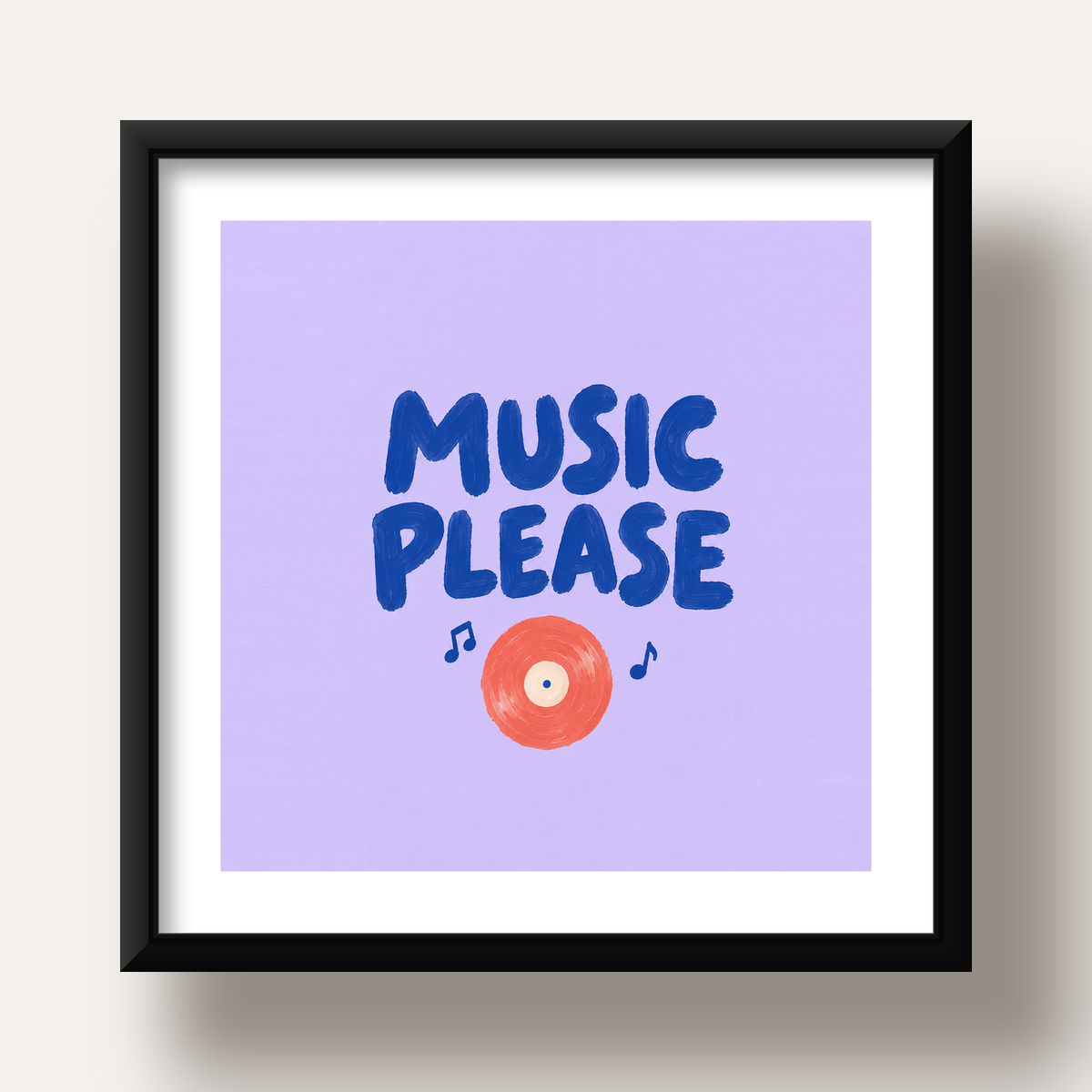 Müzik Temalı Tipografik Poster – MUSIC PLEASE El Boyaması — siyah derin çerçeveli paspartulu