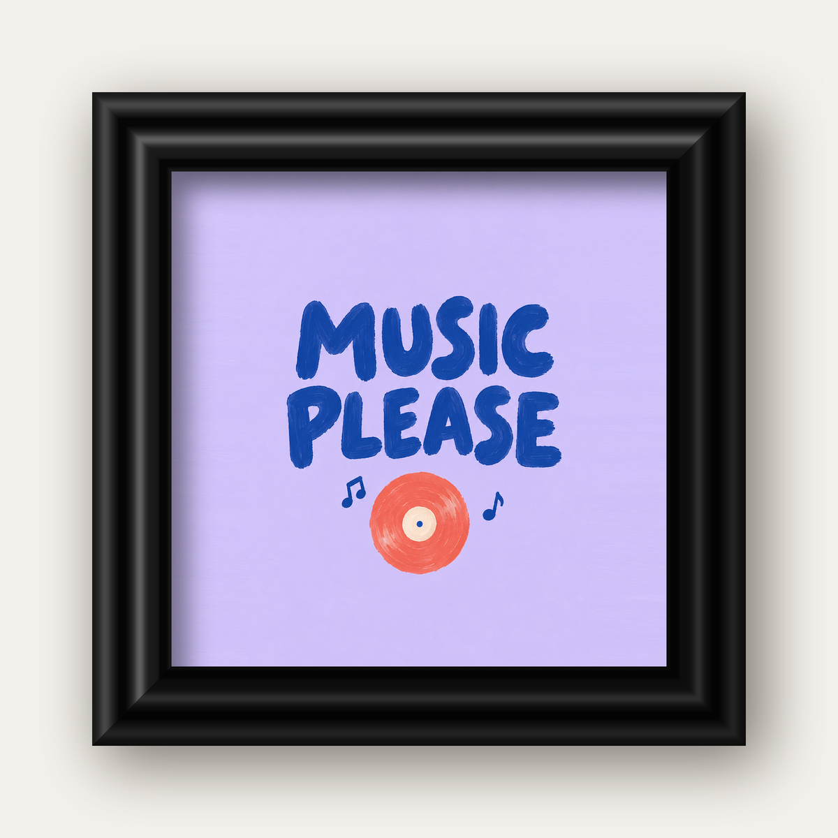 Müzik Temalı Tipografik Poster – MUSIC PLEASE El Boyaması — siyah galeri çerçeveli