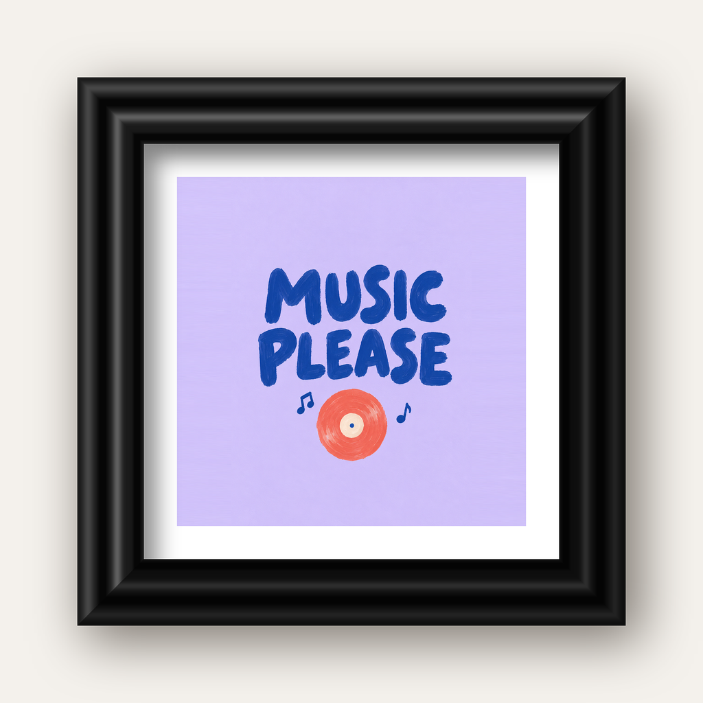 Müzik Temalı Tipografik Poster – MUSIC PLEASE El Boyaması — siyah galeri çerçeveli paspartulu