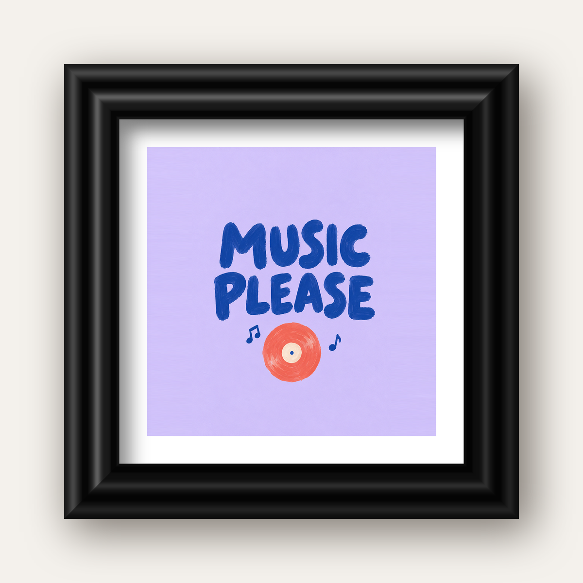 Müzik Temalı Tipografik Poster – MUSIC PLEASE El Boyaması — siyah galeri çerçeveli paspartulu
