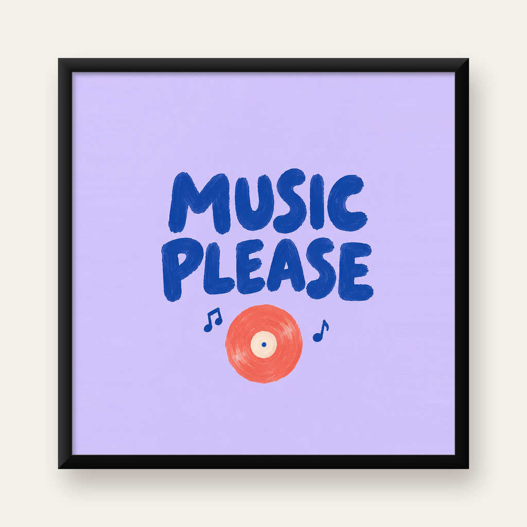 Müzik Temalı Tipografi Poster – Music Please Renkli Tasarım — Kare baskı, düz siyah çerçeveli duvar posteri