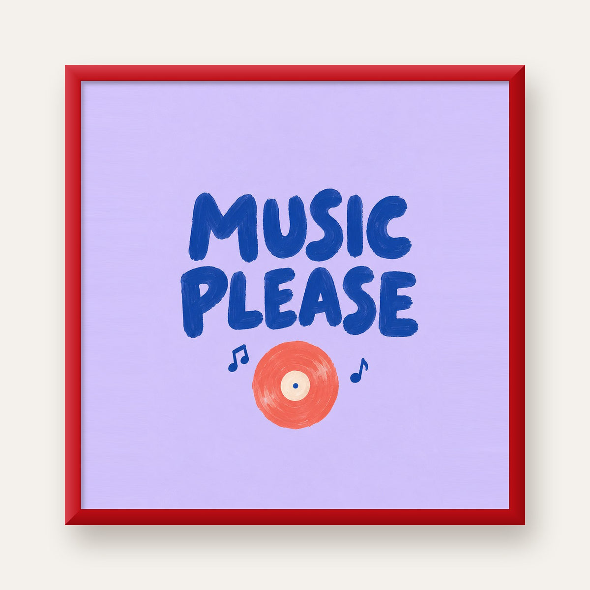 Müzik Temalı Tipografik Poster – MUSIC PLEASE El Boyaması — kırmızı çerçeveli