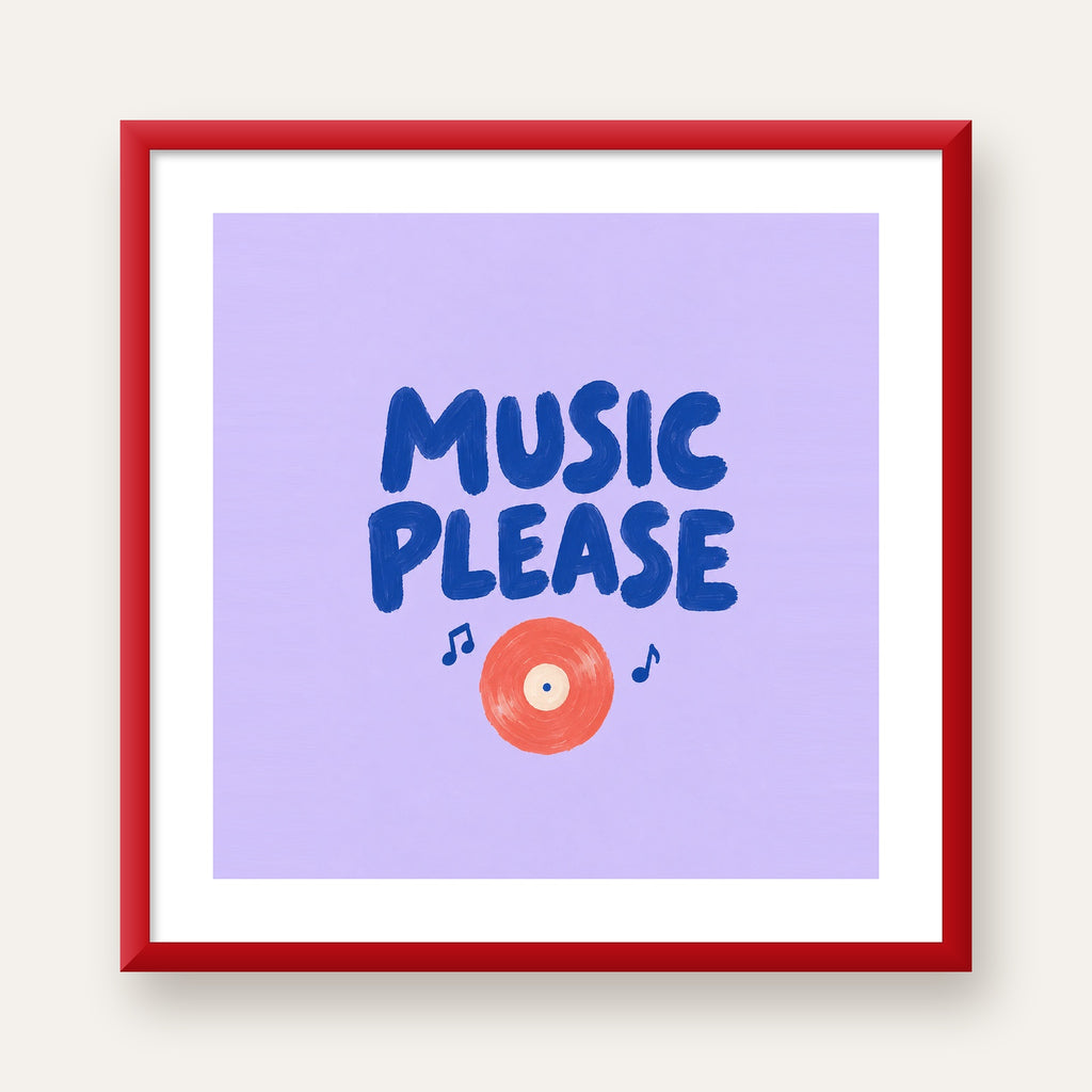 Müzik Temalı Tipografik Poster – MUSIC PLEASE El Boyaması — kırmızı çerçeveli paspartulu