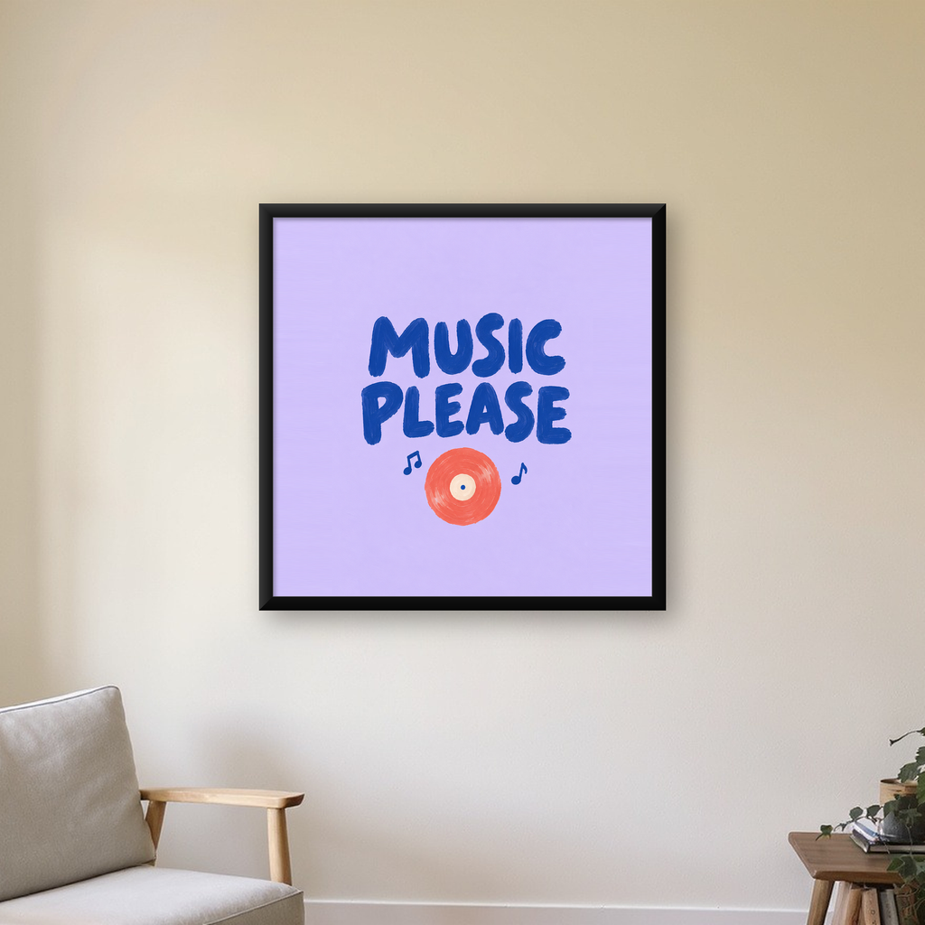 Müzik Temalı Tipografi Poster – Music Please Renkli Tasarım — Kare baskı, çerçeveli hâliyle bir ev duvarında