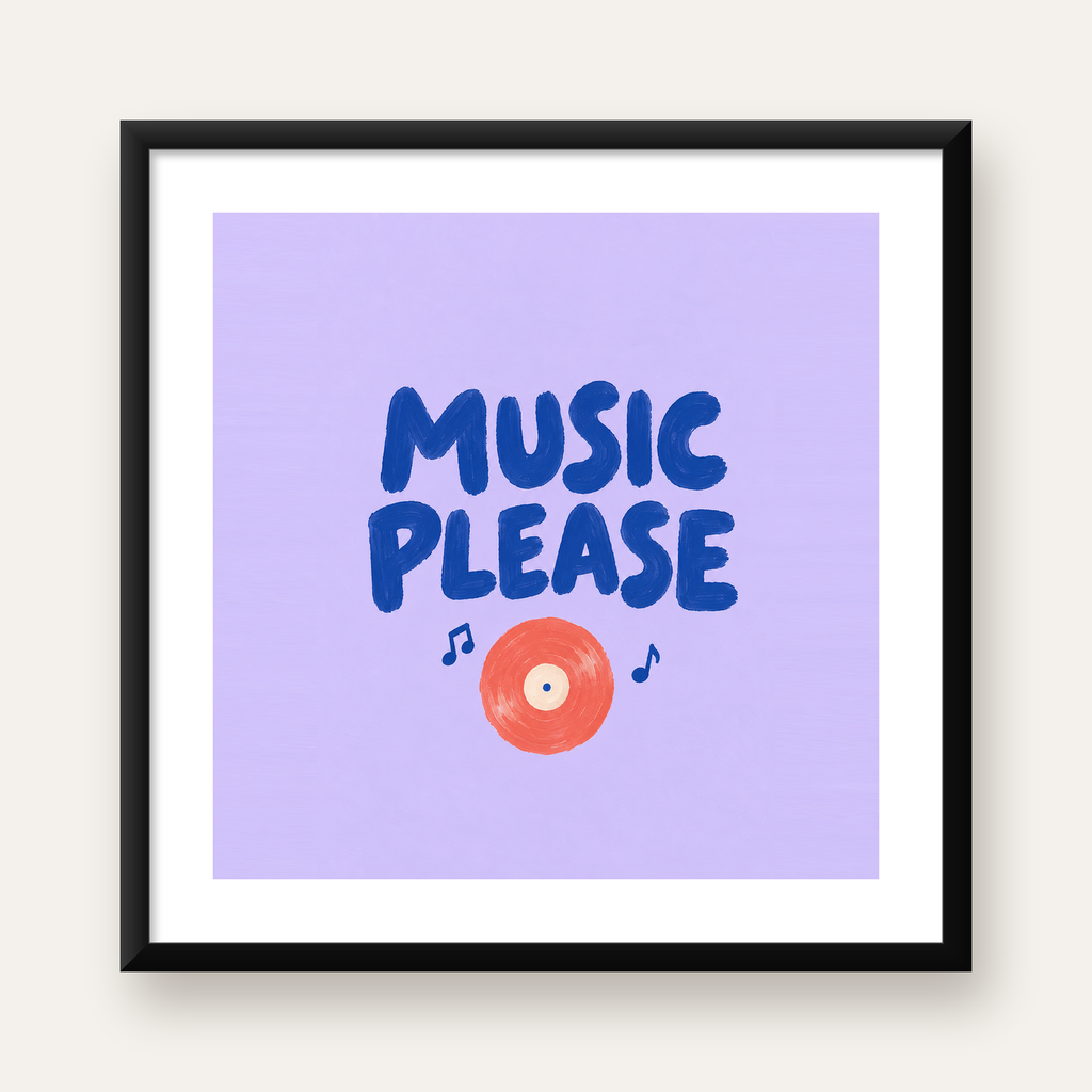 Müzik Temalı Tipografi Poster – Music Please Renkli Tasarım — Kare baskı, beyaz kenar boşluklu