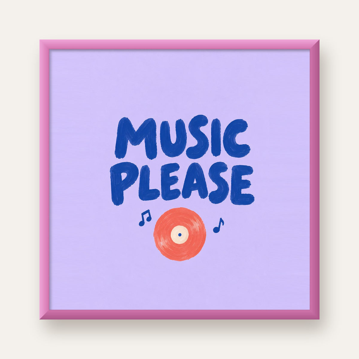 Müzik Temalı Tipografik Poster – MUSIC PLEASE El Boyaması — pembe çerçeveli