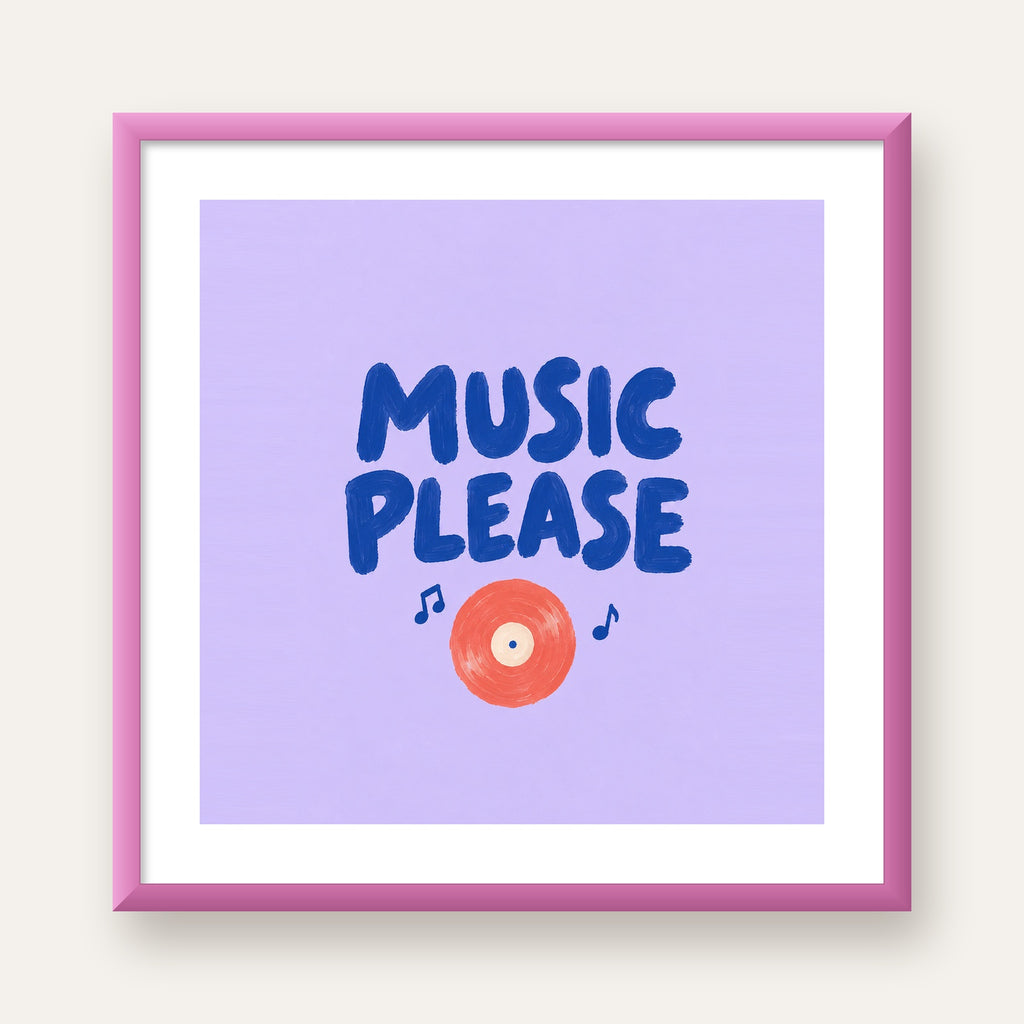 Müzik Temalı Tipografik Poster – MUSIC PLEASE El Boyaması — pembe çerçeveli paspartulu