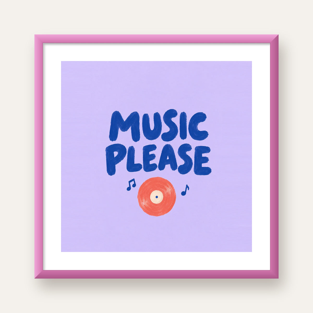 Müzik Temalı Tipografik Poster – MUSIC PLEASE El Boyaması — pembe çerçeveli paspartulu