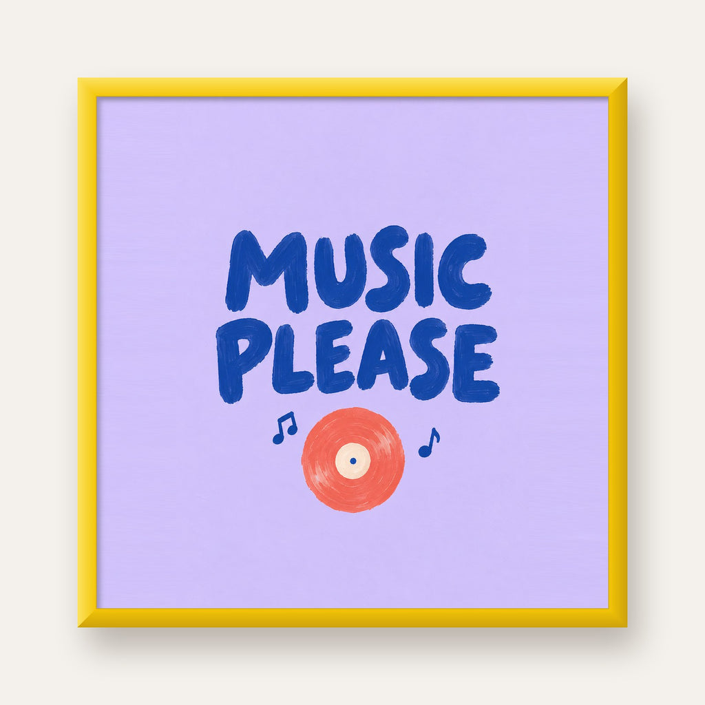 Müzik Temalı Tipografik Poster – MUSIC PLEASE El Boyaması — sarı çerçeveli