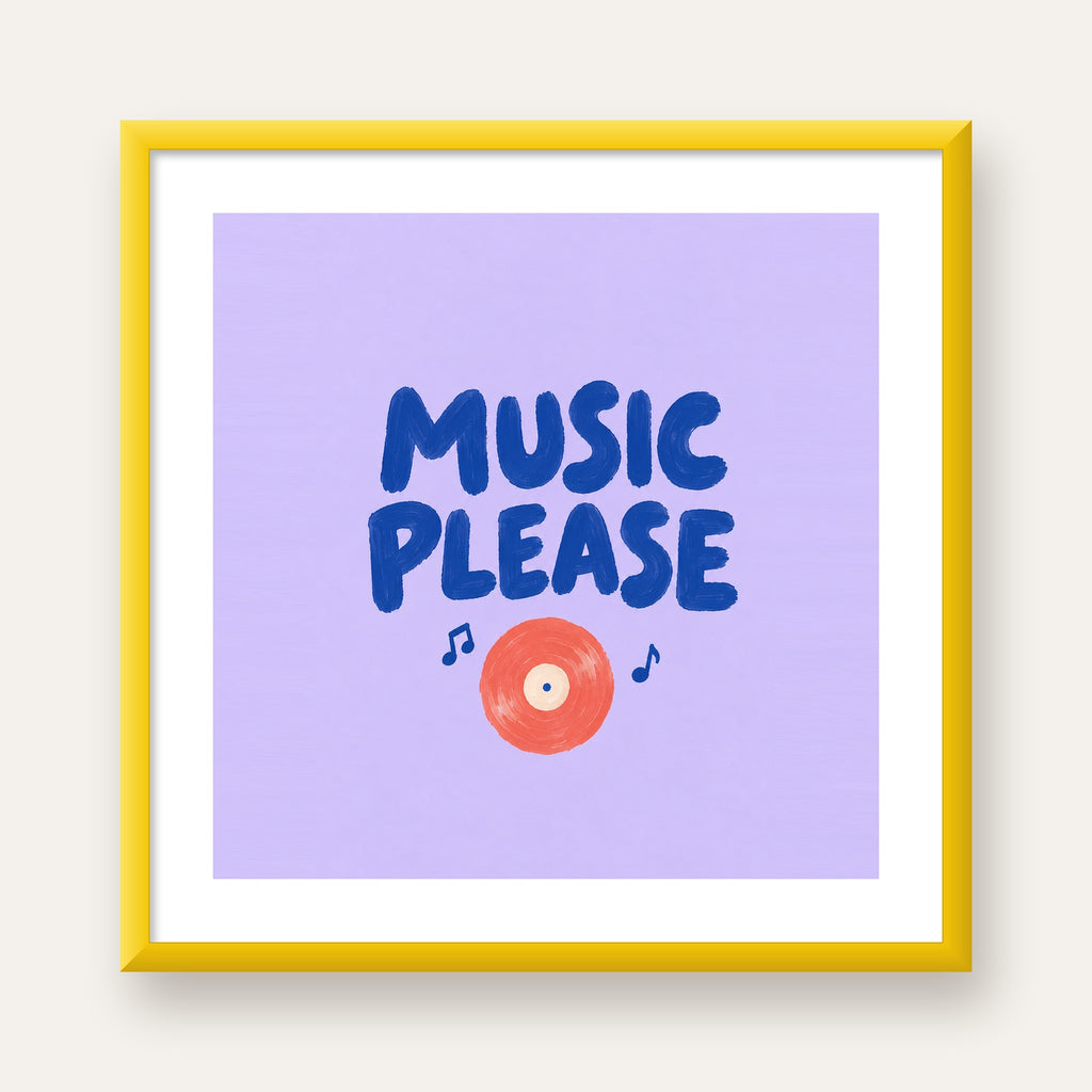 Müzik Temalı Tipografik Poster – MUSIC PLEASE El Boyaması — sarı çerçeveli paspartulu