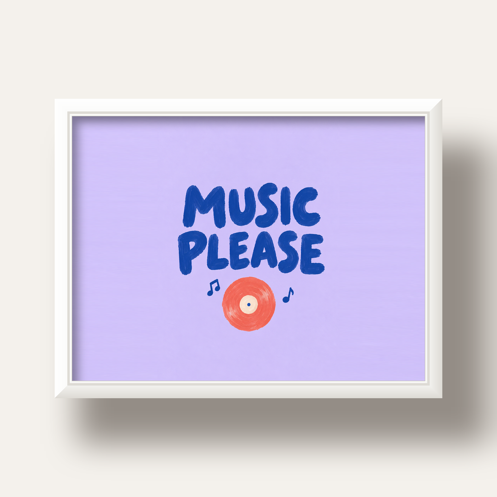 Müzik Temalı Tipografik Poster – MUSIC PLEASE El Boyaması — beyaz derin çerçeveli