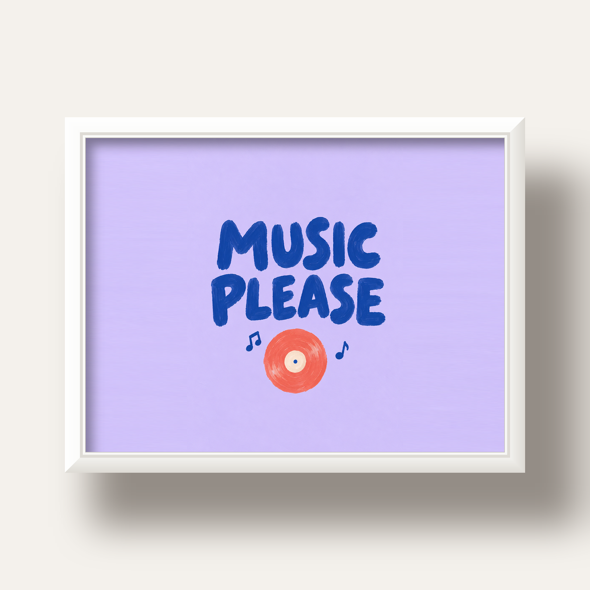 Müzik Temalı Tipografik Poster – MUSIC PLEASE El Boyaması — beyaz derin çerçeveli