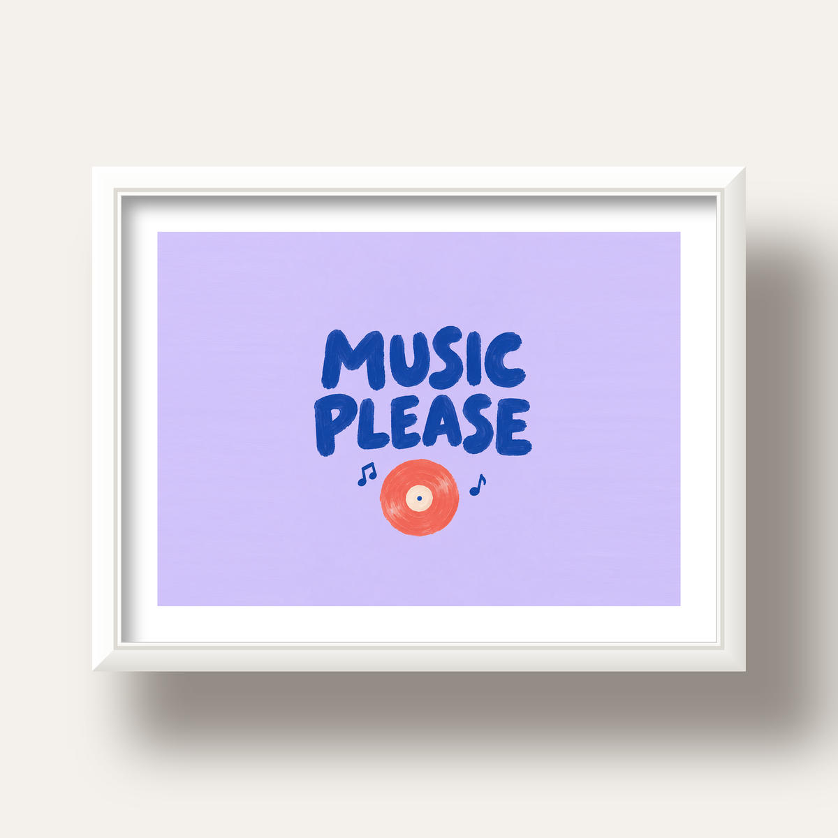 Müzik Temalı Tipografik Poster – MUSIC PLEASE El Boyaması — beyaz derin çerçeveli paspartulu
