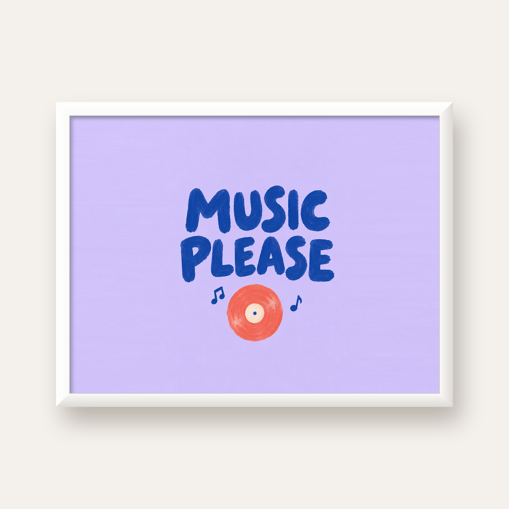 Müzik Temalı Tipografik Poster – MUSIC PLEASE El Boyaması — beyaz çerçeveli yatay poster