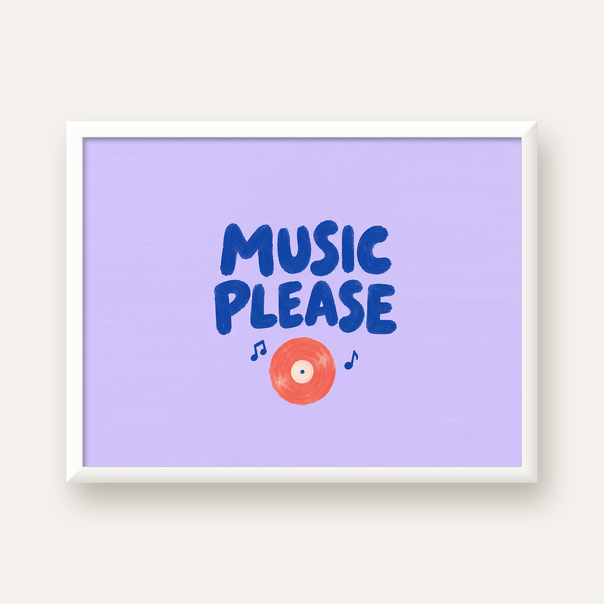 Müzik Temalı Tipografik Poster – MUSIC PLEASE El Boyaması — beyaz çerçeveli yatay poster