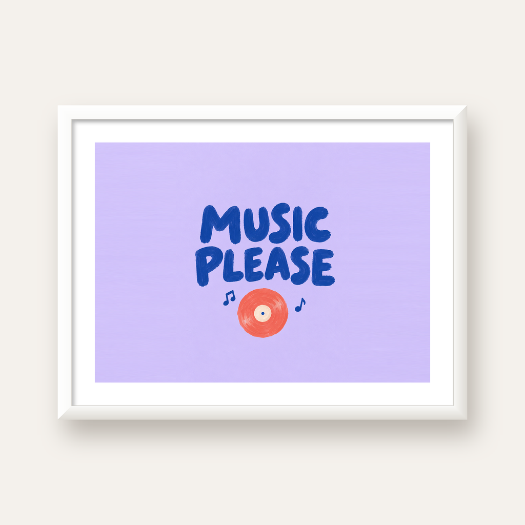 Müzik Temalı Tipografik Poster – MUSIC PLEASE El Boyaması — beyaz çerçeveli yatay poster