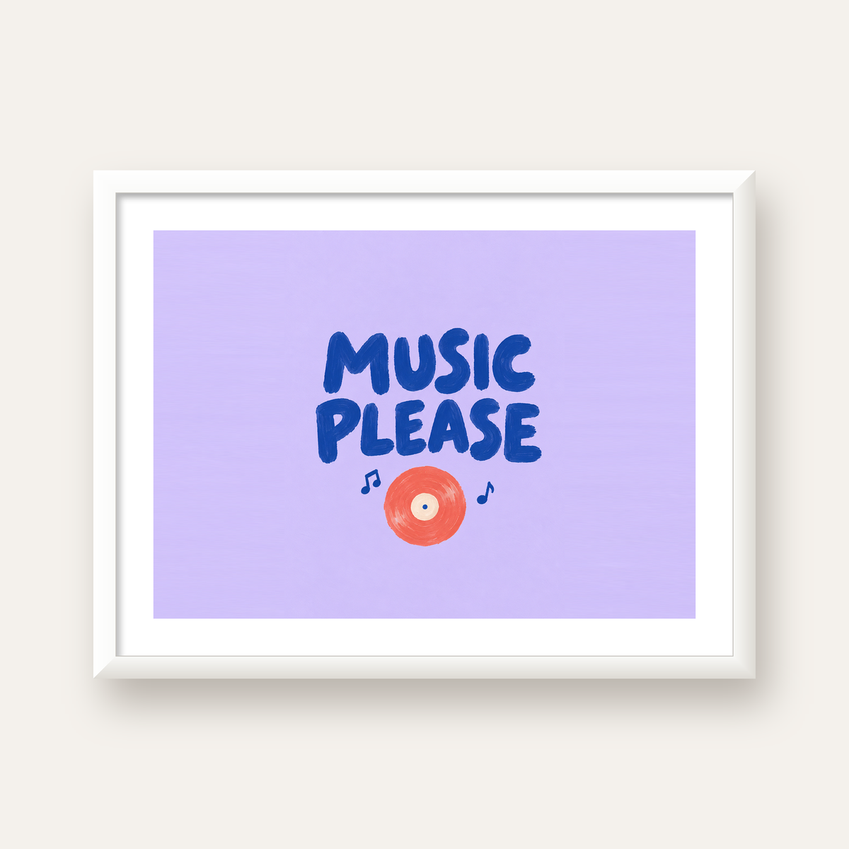 Müzik Temalı Tipografik Poster – MUSIC PLEASE El Boyaması — beyaz çerçeveli yatay poster