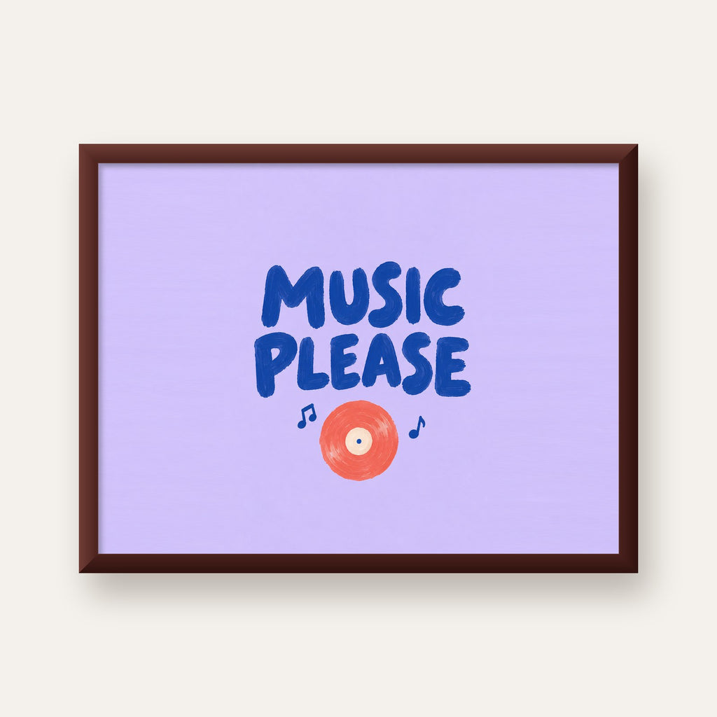 Müzik Temalı Tipografik Poster – MUSIC PLEASE El Boyaması — ceviz çerçeveli