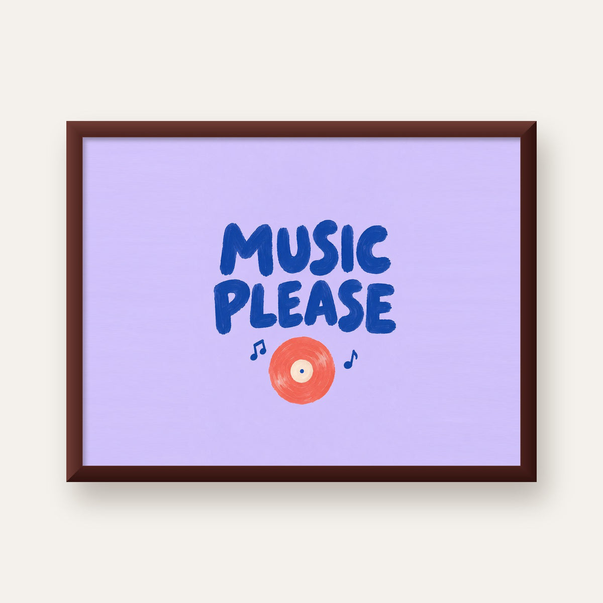 Müzik Temalı Tipografik Poster – MUSIC PLEASE El Boyaması — ceviz çerçeveli