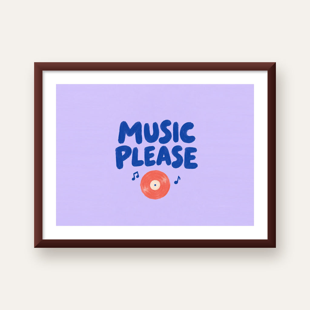Müzik Temalı Tipografik Poster – MUSIC PLEASE El Boyaması — ceviz çerçeveli paspartulu