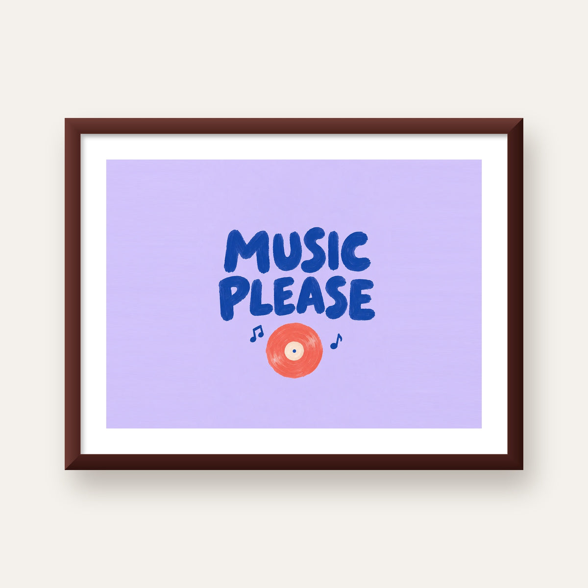 Müzik Temalı Tipografik Poster – MUSIC PLEASE El Boyaması — ceviz çerçeveli paspartulu