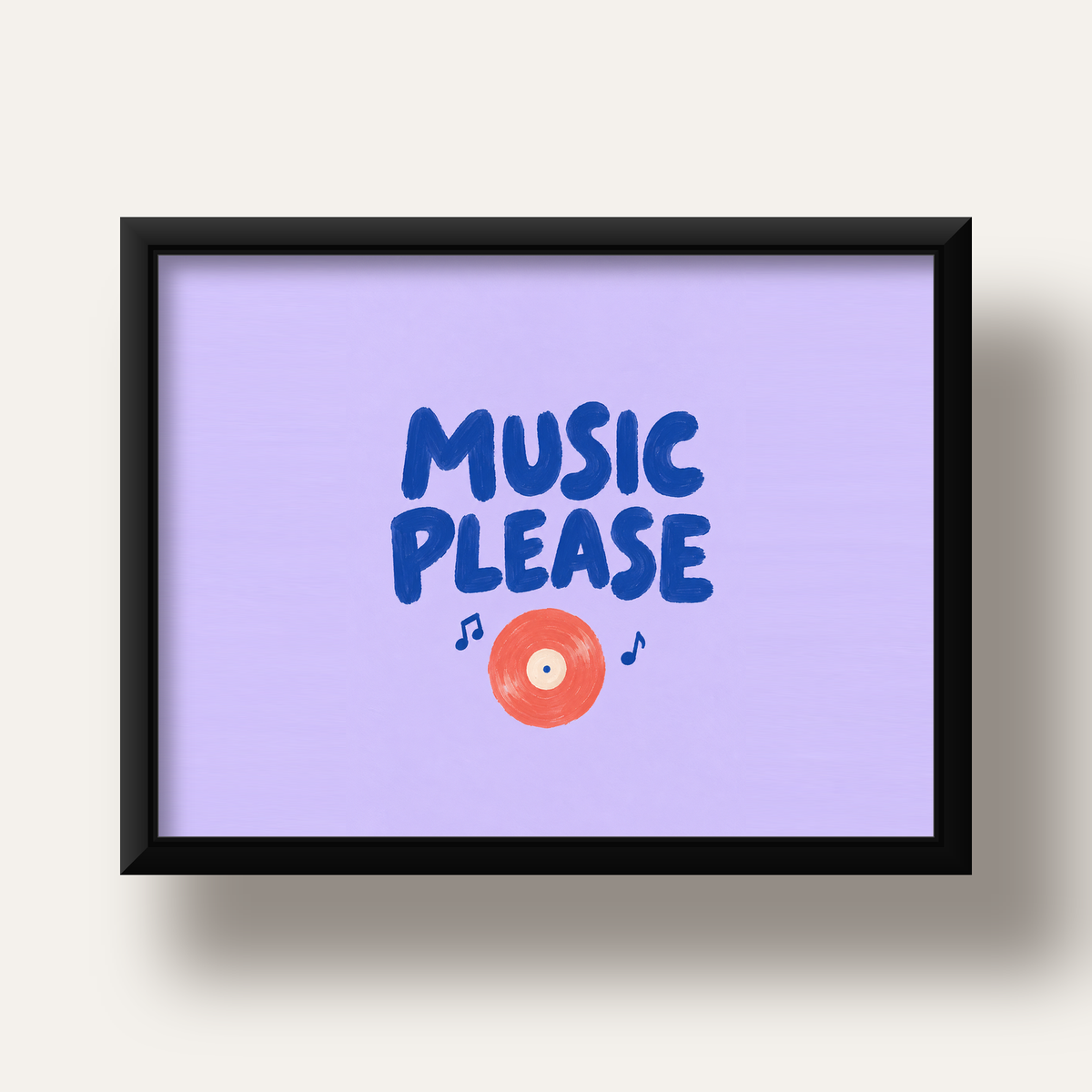 Müzik Temalı Tipografik Poster – MUSIC PLEASE El Boyaması — siyah derin çerçeveli