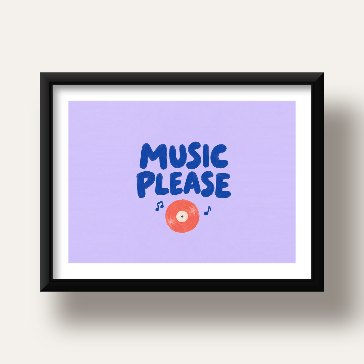 Müzik Temalı Tipografik Poster – MUSIC PLEASE El Boyaması — siyah derin çerçeveli paspartulu