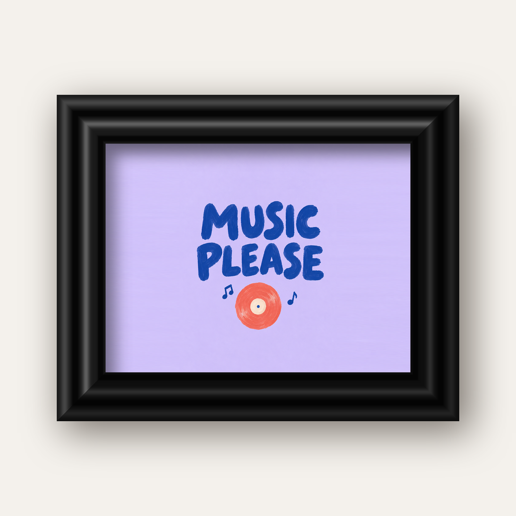 Müzik Temalı Tipografik Poster – MUSIC PLEASE El Boyaması — siyah galeri çerçeveli