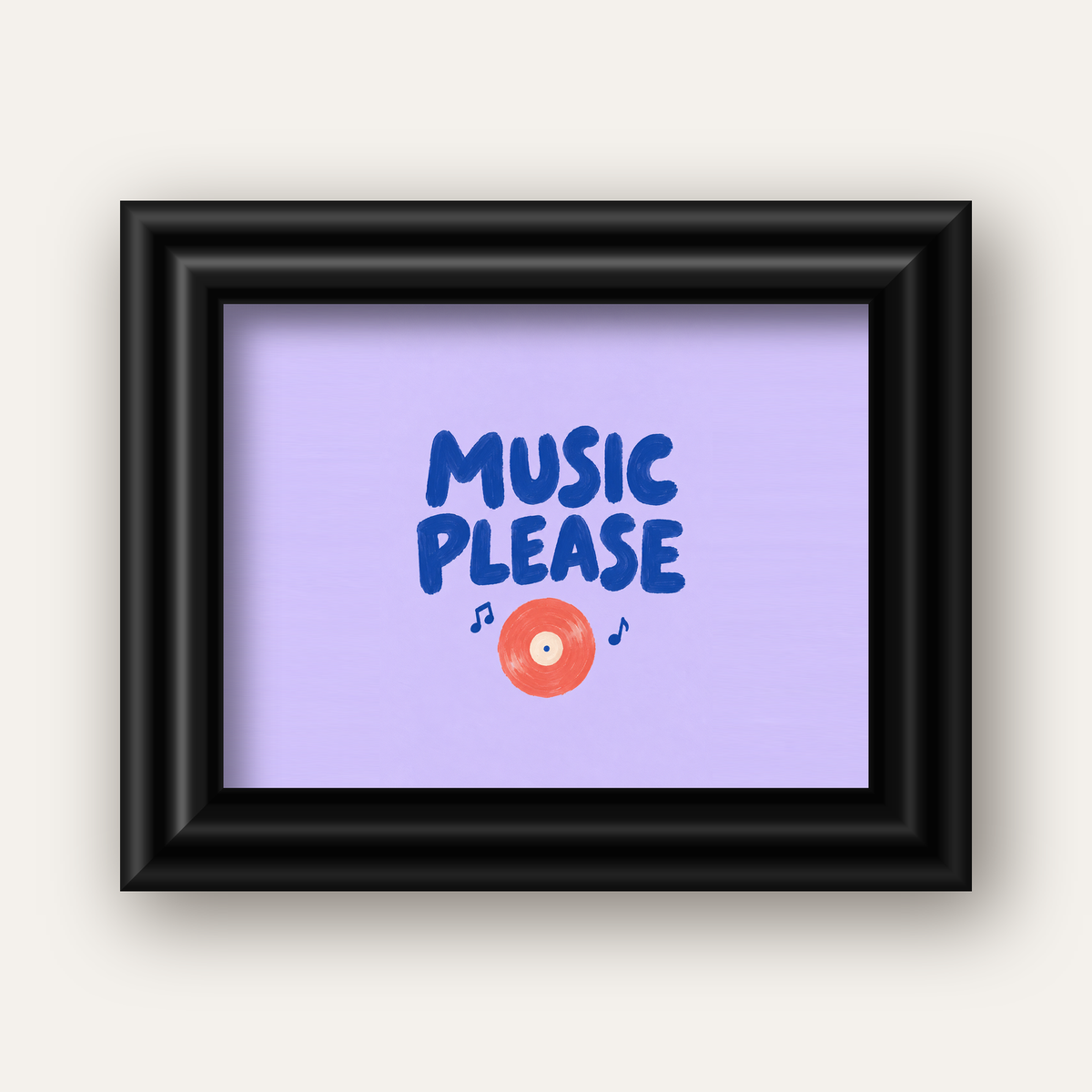 Müzik Temalı Tipografik Poster – MUSIC PLEASE El Boyaması — siyah galeri çerçeveli